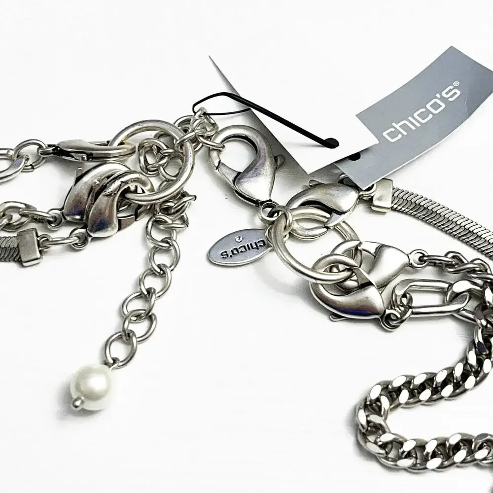 NEW Chico's Pearl & Layered Silver Chain Necklace